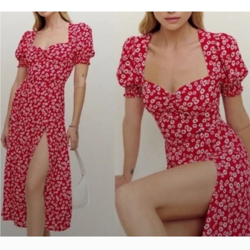 Reformation Red Floral Midi Dress with White Daisy Print